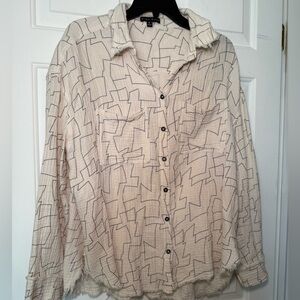 Miou Muse Frayed Gauze Ivory Blouse Black Geo Design Medium Oversized Cotton